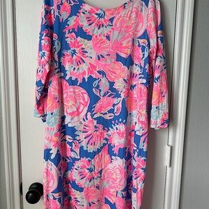Lilly Pulitzer Pink and Blue Floral Dress with tie back.